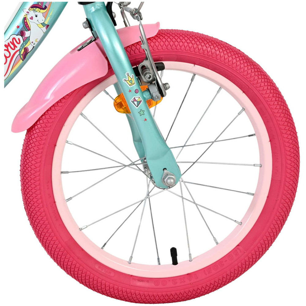 Volare Unicorn Kids 16 inch Green and Pink Bike with Stabilisers Doll Seat and Basket Image 8