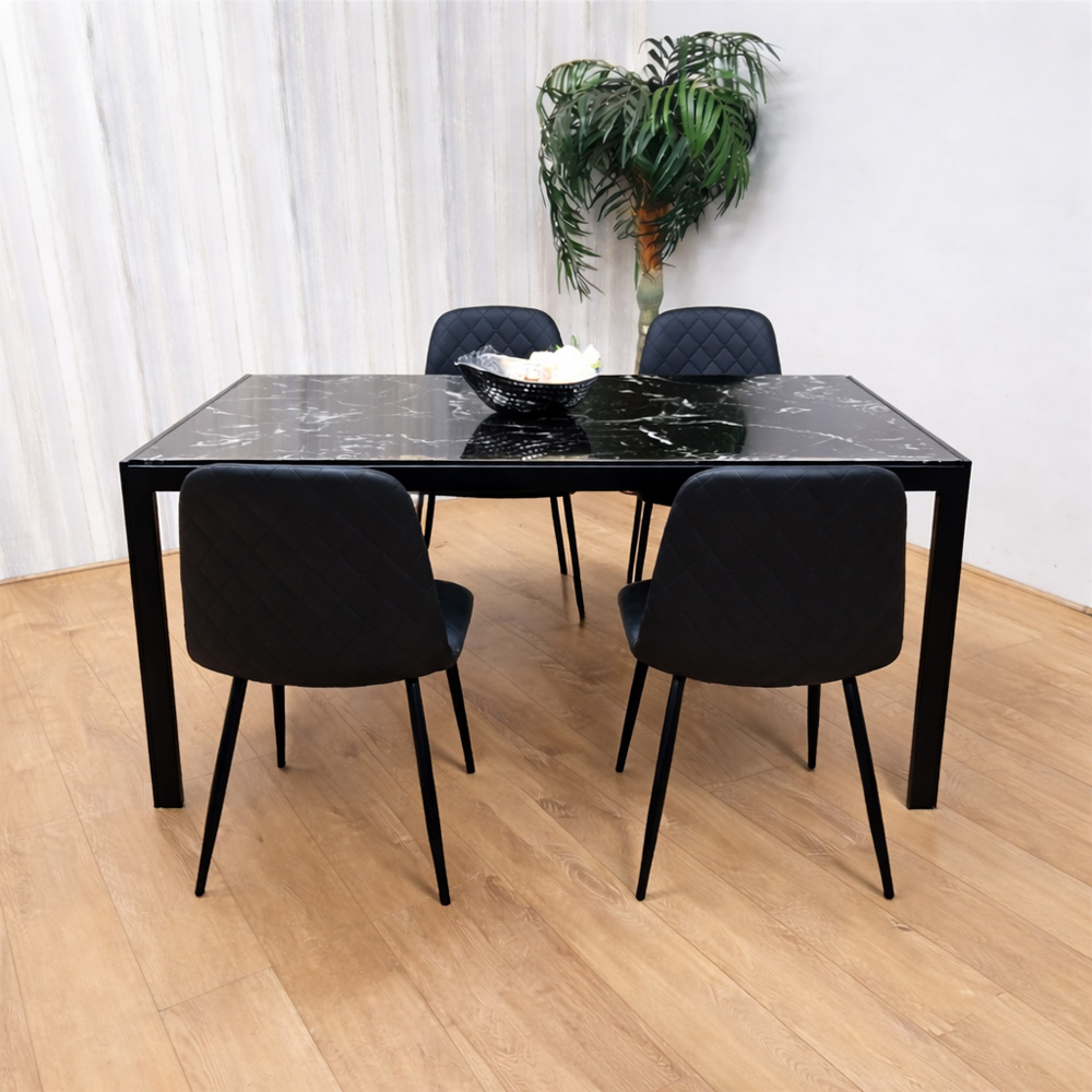 Kosy Koala 4 Seater Glass and Faux Leather Diamond Stitch Dining Set Black and Marble Effect Image 2