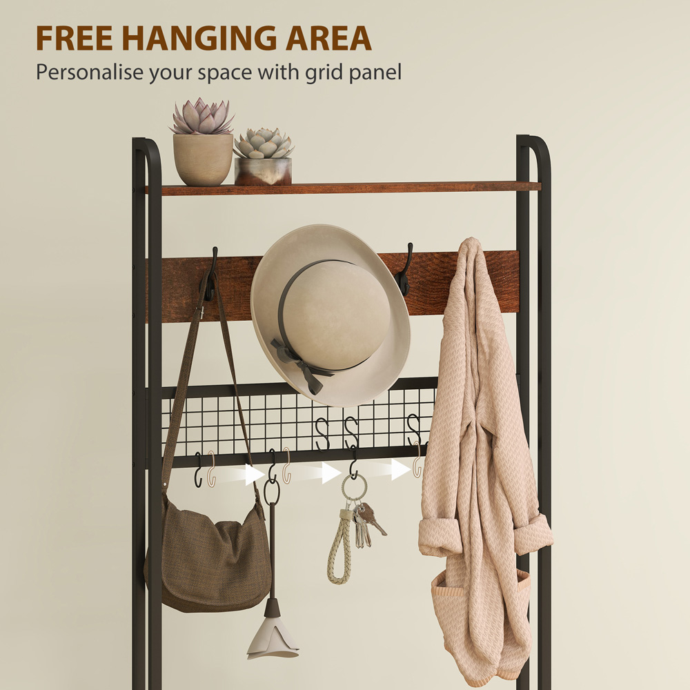 HOMCOM Single Flip Out Drawer 2 Shelf Rustic Brown Industrial Hall Tree Coat Stand Image 4