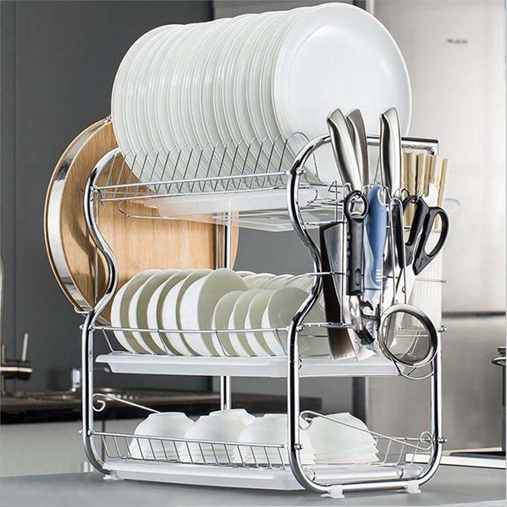 Livingandhome 3 Tier Dish Drainer Rack Draining Board Cutlery Holder with  Tableware Drainer Tray