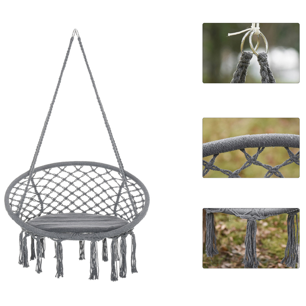 Outsunny Grey Hanging Macrame Swing Chair Image 5