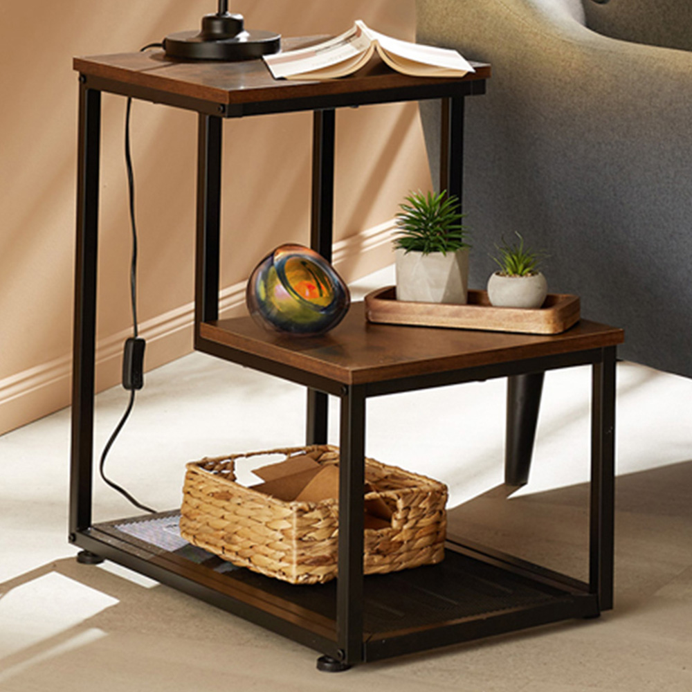 tectake Halifax 3 Shelf Rustic Dark Wood Industrial Bedside Table Image 1