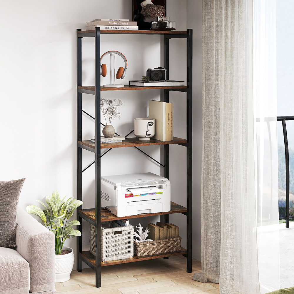 Costway 5 Tier Rustic Brown Metal Bookshelf Image 5