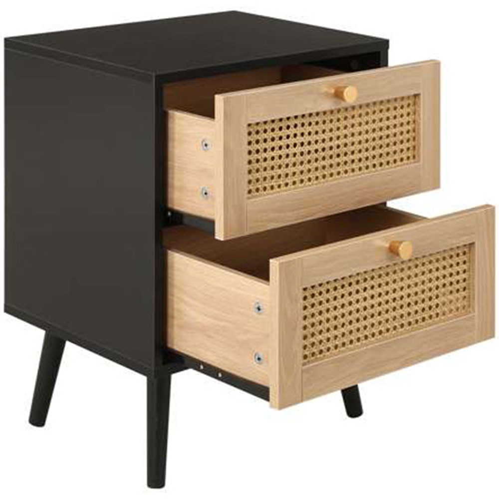 Croxley 2 Drawer Black and Oak Rattan Bedside Table Image 4