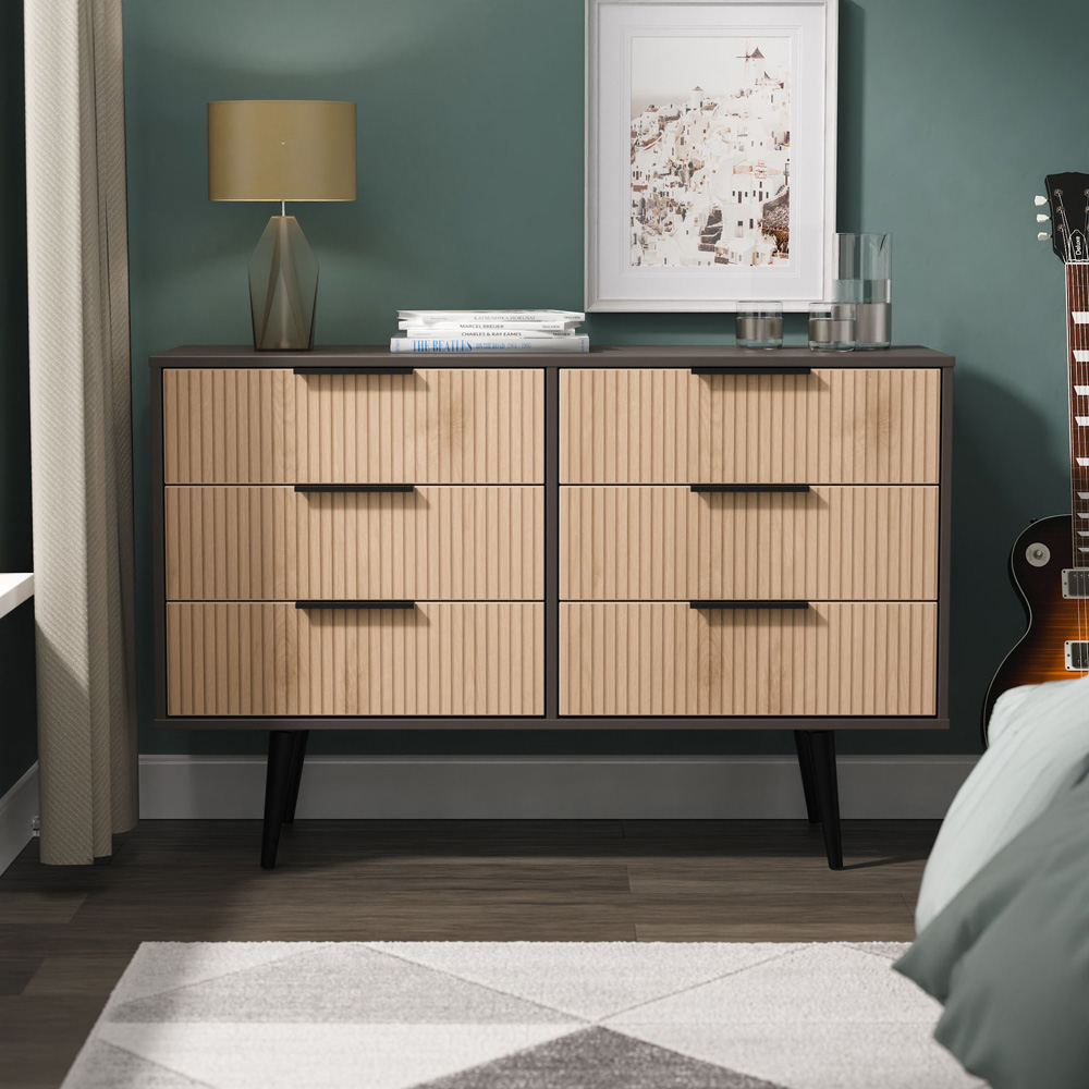 Crowndale Hong Kong 6 Drawer Slatt Effect and Graphite Wide Chest of Drawers Ready Assembled Image 7