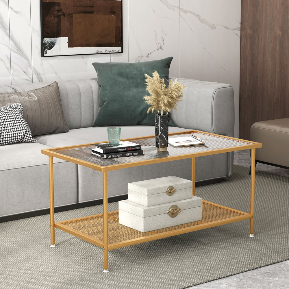 Costway Single Shelf Golden Tempered Glass Top Coffee Table Image 5