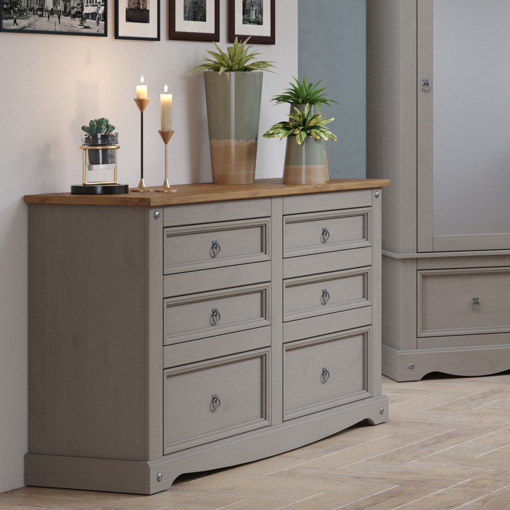 Corona 6 Drawer Grey Washed Wax Finish Wide Chest of Drawers Image 5