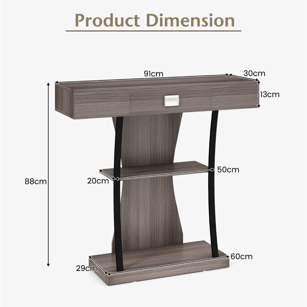 Costway Single Drawer 2 Shelf Grey T Shaped Console Table Image 9