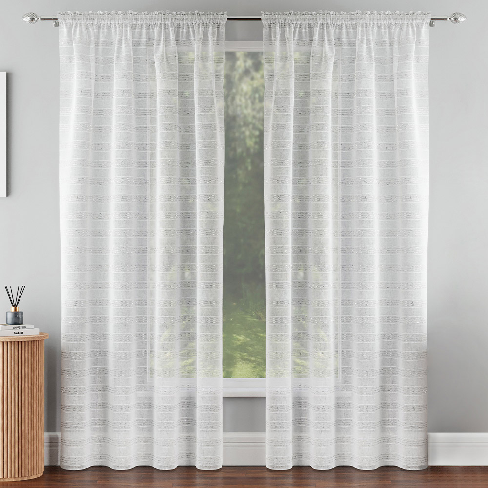 Tyrone Textiles Lima Silver Metallic Lurex Stripe Rod Pocket Voile Panel Curtains 140 x 229cm Image 4