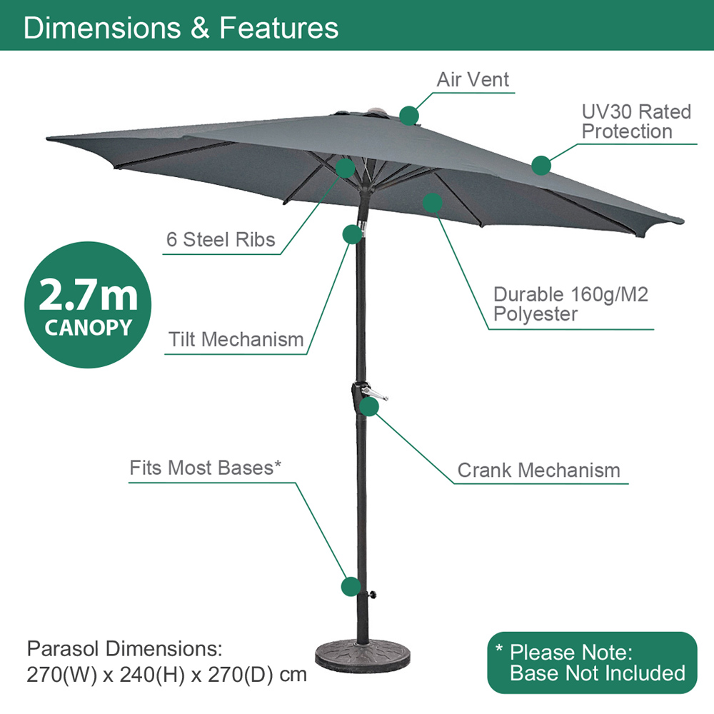 GardenKraft Charcoal 6 Ribs Crank and Tilt Parasol 2.7m Image 9