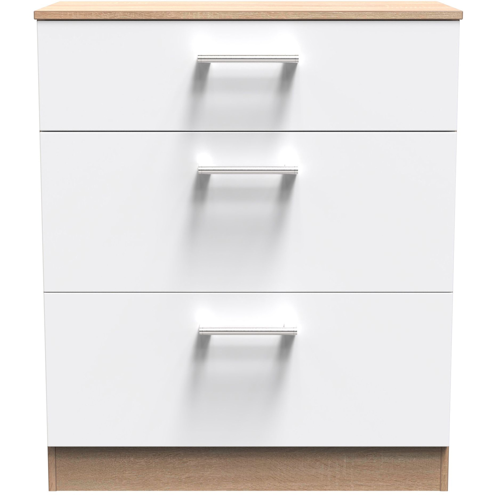 Crowndale Devon 3 Drawer White Matt and Bardolino Oak Deep Chest of Drawers Ready Assembled Image 3