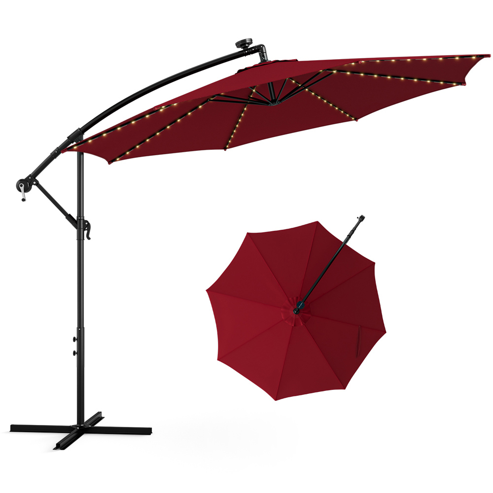 Costway Red Solar Powered LED Patio Offset Umbrella 3.3m Image 2