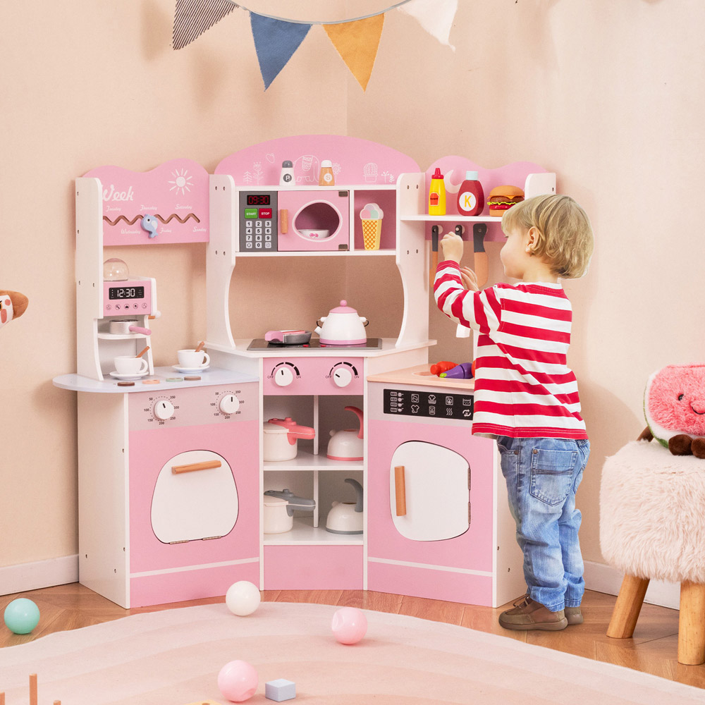 Costway Pink Kids Corner Wooden Play Kitchen Image 3