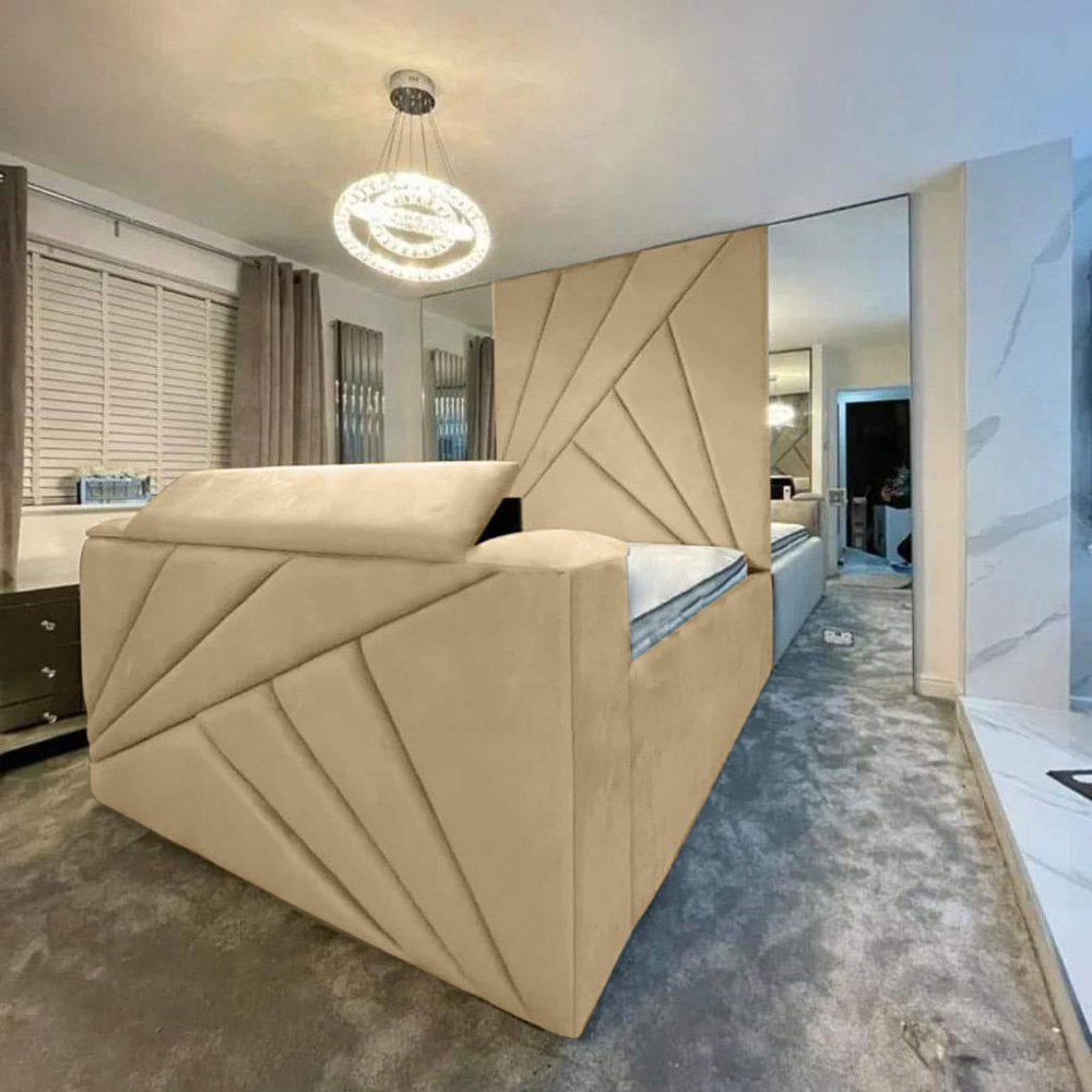 Eleganza Home Tina King Size Beige Plush Velvet Bed Frame with Headboard and Remote Image 2