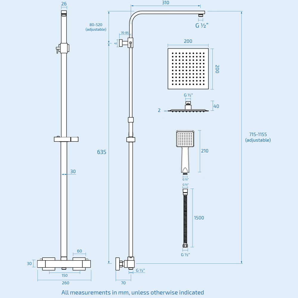 Nes Home Matte Black Square Exposed Thermostatic Mixer Shower Set Image 5