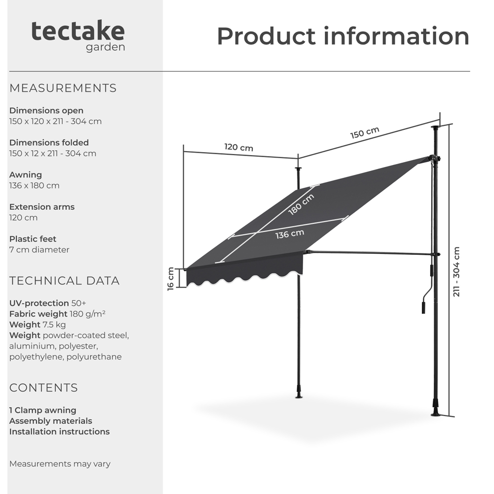 tectake Black and Grey Retractable Awning 1.5 x 1.8m Image 8
