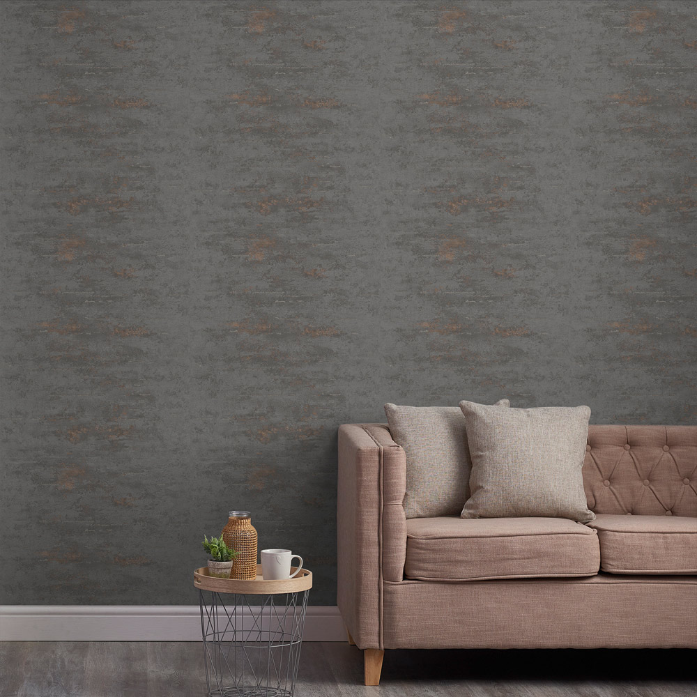 Grandeco Rocca Concrete Charcoal and Copper Wallpaper Image 4