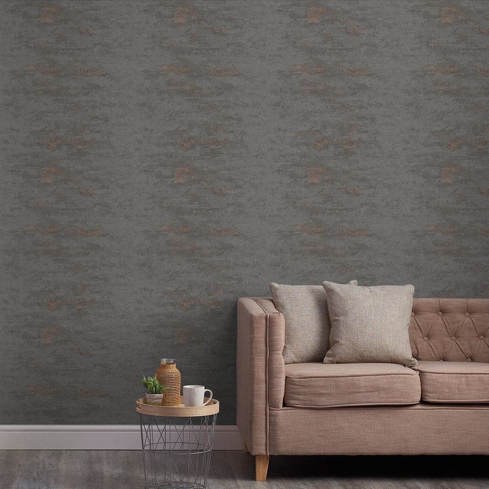 Grandeco Rocca Concrete Charcoal and Copper Wallpaper Wilko
