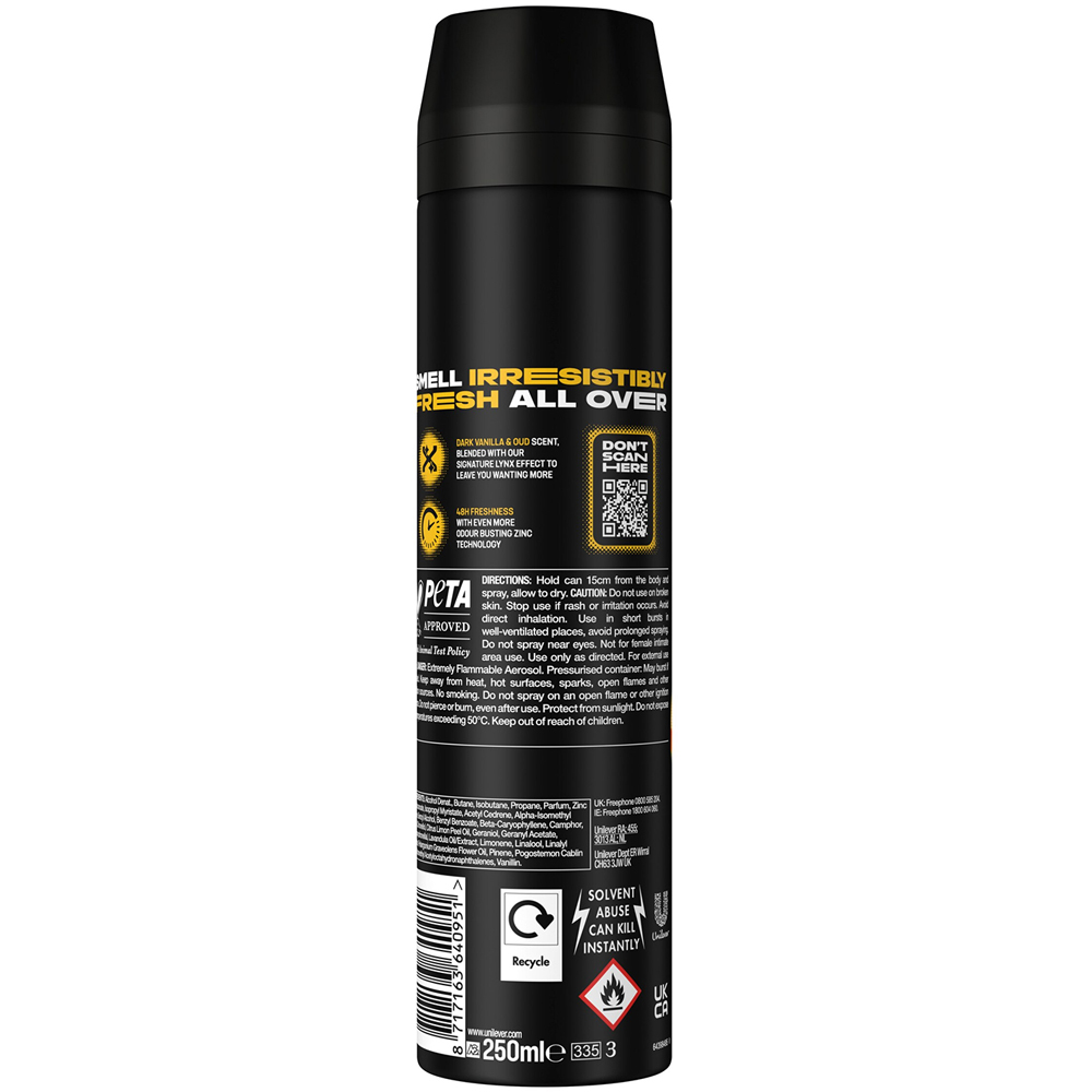 Lynx Gold Oud Wood and Dark Vanilla 48H Protection Deodorant Body Spray 250ml 18 Pack Image 3