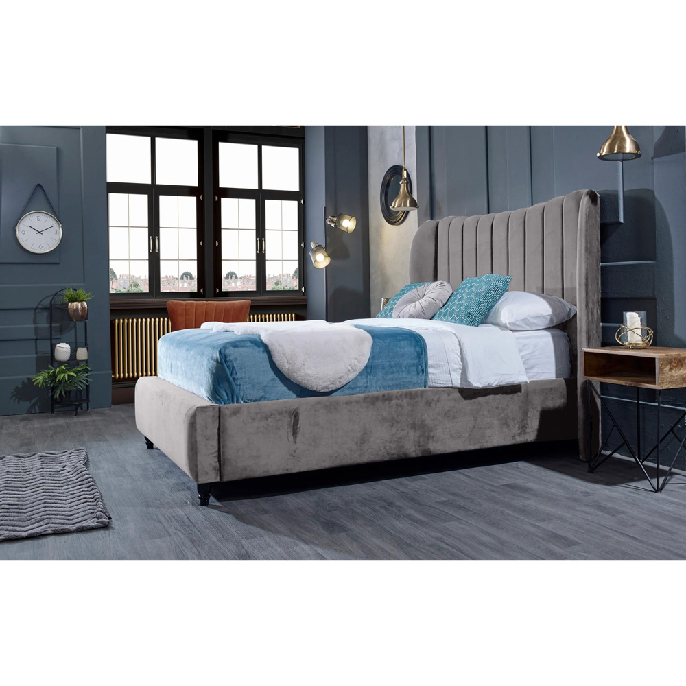 Eleganza Home Carli King Size Silver Plush Velvet Bed Frame with Lined Headboard Image 4