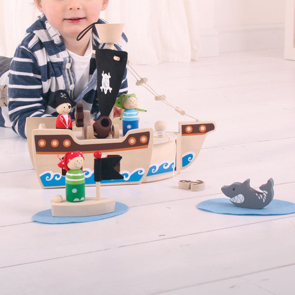 Bigjigs Toys Wooden Mini Pirate Ship Playset Multicolour Image 2
