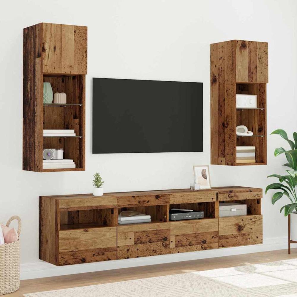 vidaXL Single Door Single Shelf Old Wood Wall Mounted TV Cabinet with LED Light 2 Pack Image 7