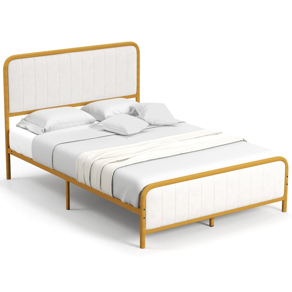 Costway Double Mustard and White Upholstered Metal Bed Frame Image 3