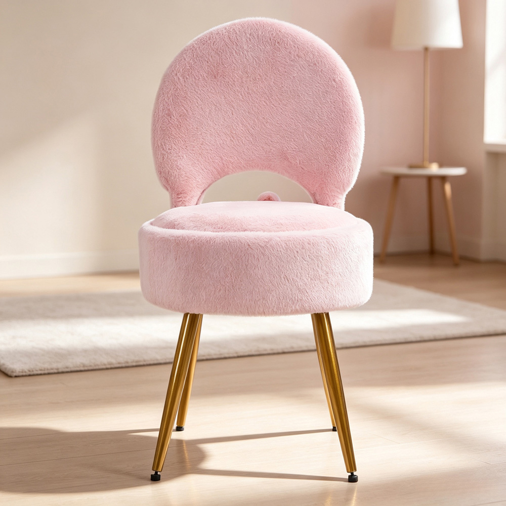 Living and Home Pink Faux Rabbit Fur Round Back Foldable Vanity Chair with Storage Image 1