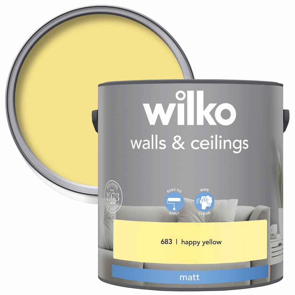Wilko Walls & Ceilings Happy Yellow Matt Emulsion Paint 2.5L Image 1