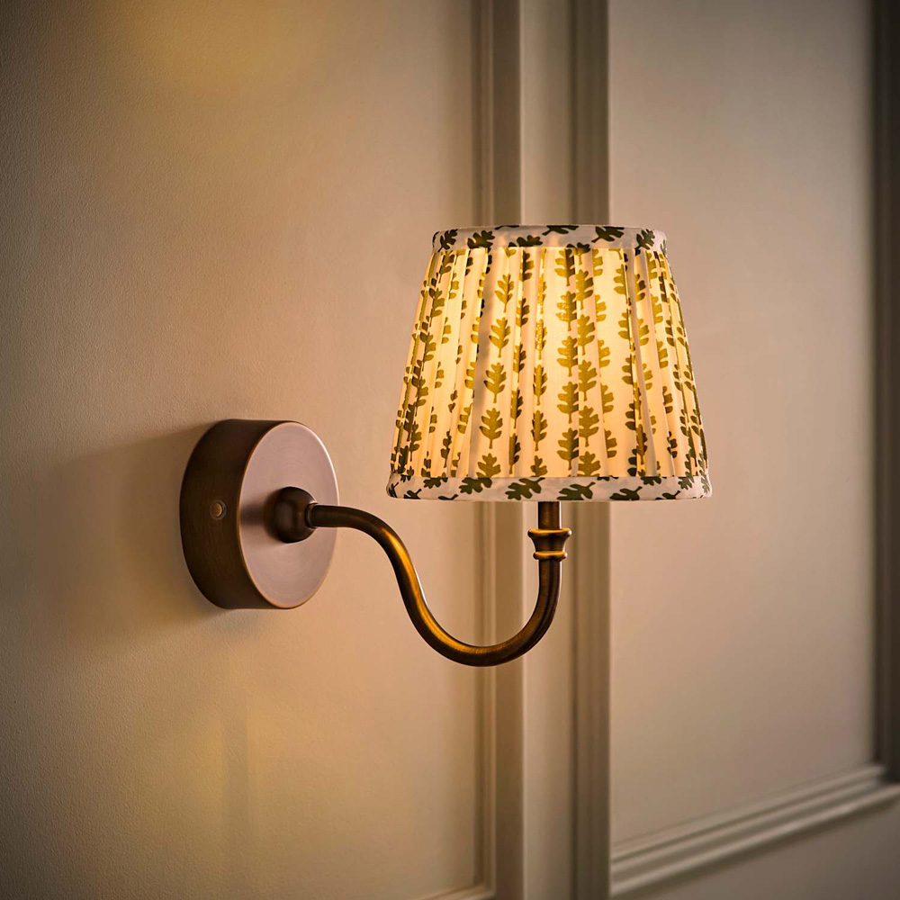 ValueLights Lowe Green Ditsy Floral Pleated Shade Brass Rechargeable Wall Light with Bulb Image 2