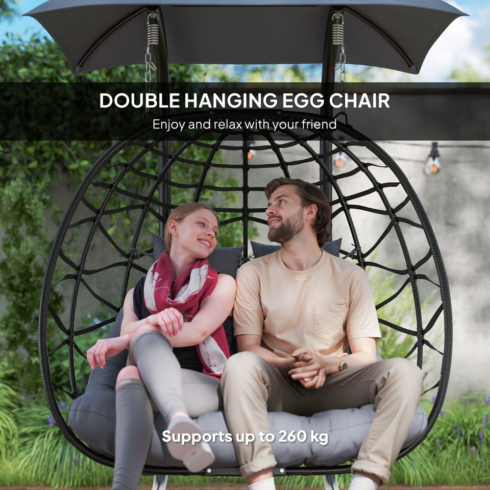 Outsunny 2 Seater Black Rattan Hanging Egg Chair with Canopy and Cushion Image 4