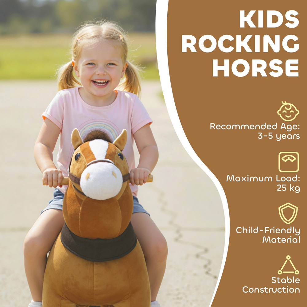 Tommy Toys AIYAPLAY Kids Brown Plush Ride On Rocking Horse with Wheels Image 8