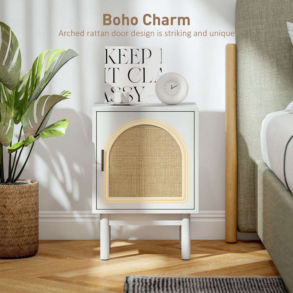 HOMCOM Boho Rattan Single Door White Bedside Table Image 5