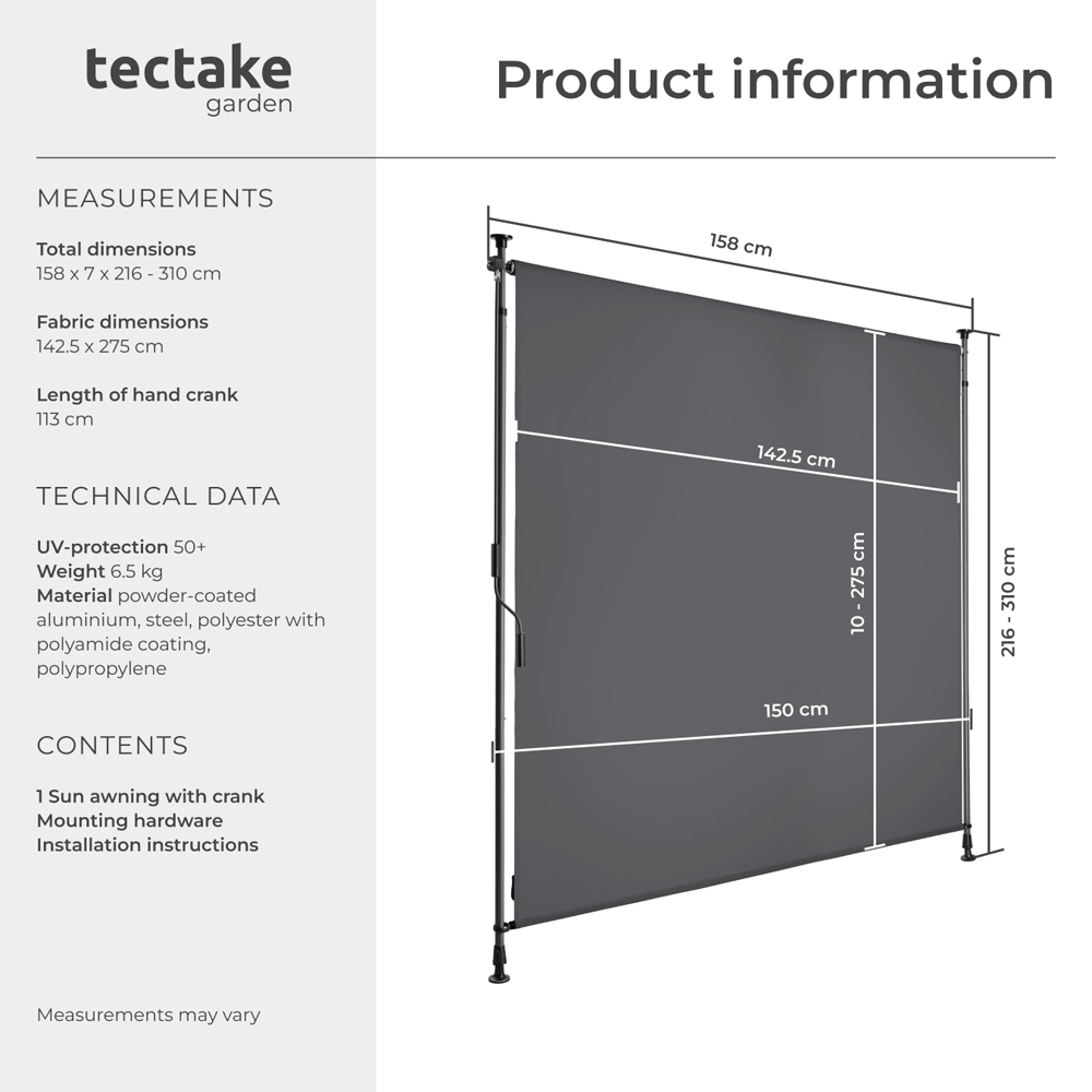 tectake Taija Dark Grey Retractable Awning with Hand Crank 3.1 x 1.58m Image 8