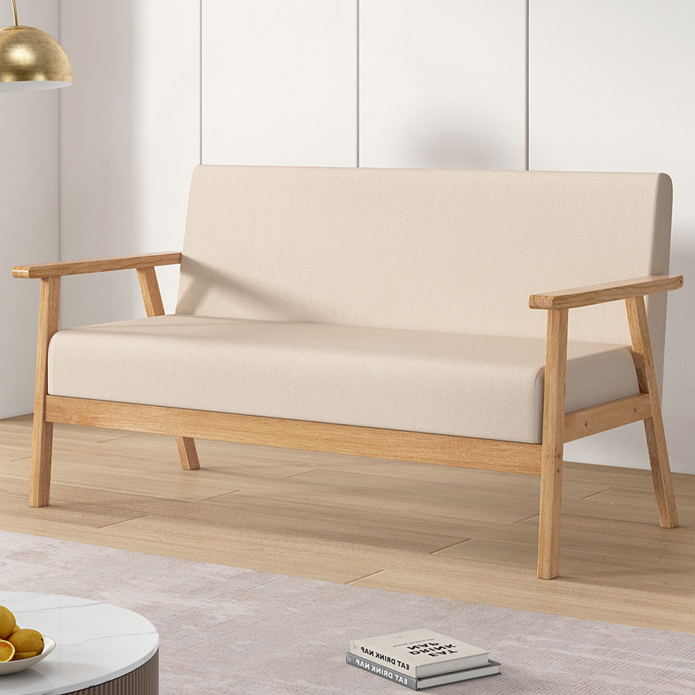 Beige 3 Seater Linen Country Wooden Sofa Image 1