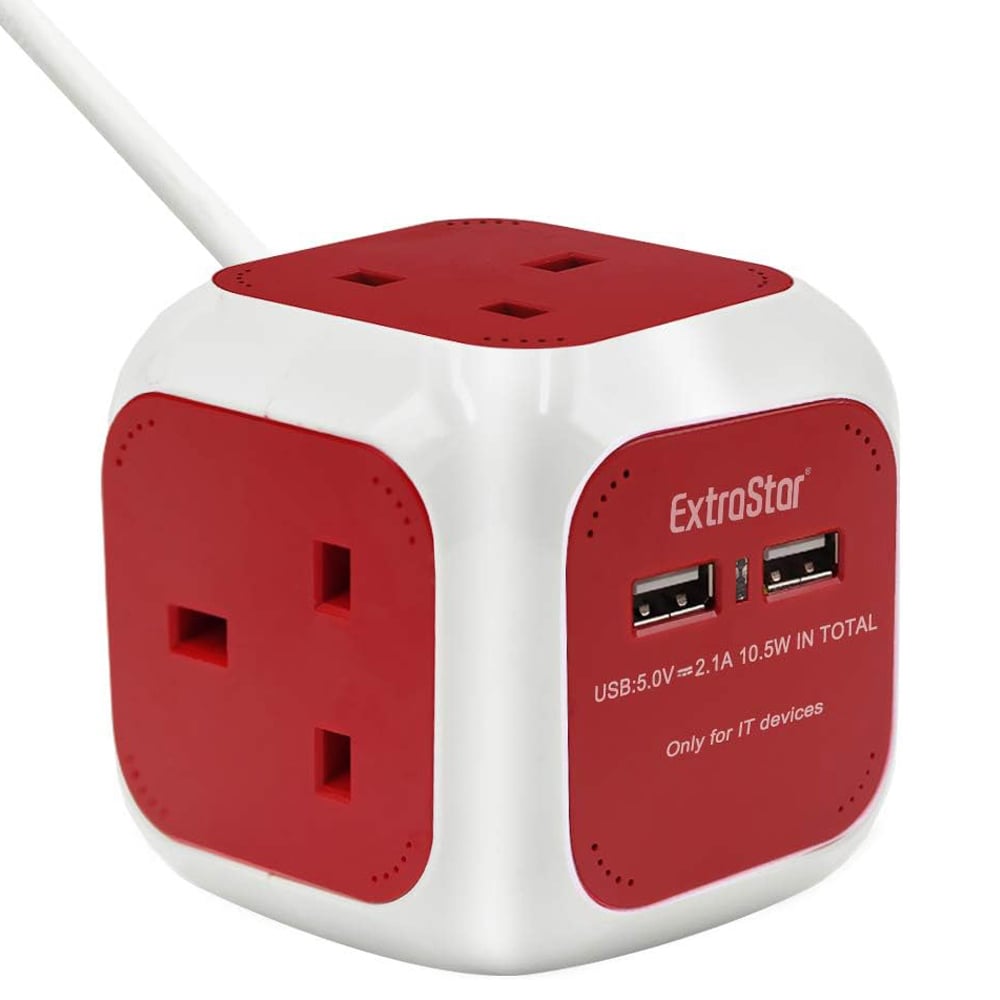 ExtraStar 4 Way 13A Red Power Cube Extension Lead Image 1