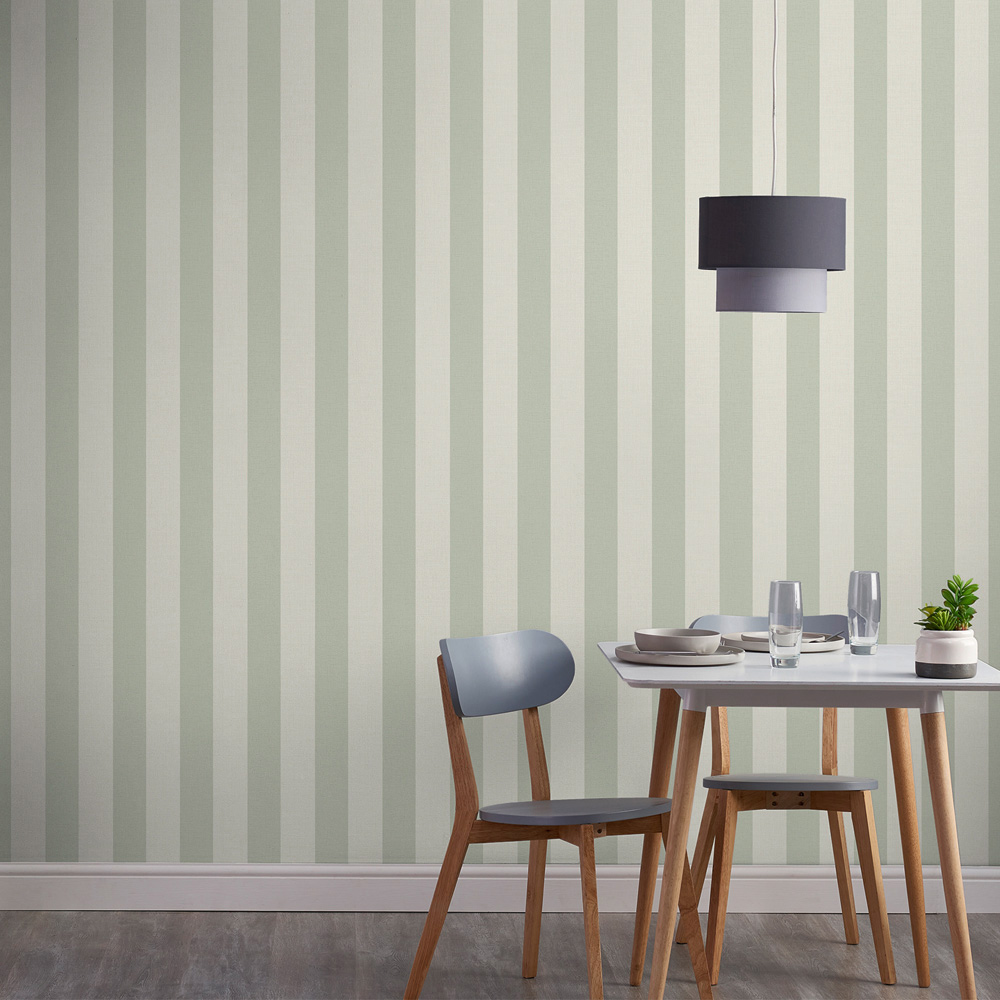 Grandeco Wide Stripe Green Cream Textured Wallpaper Image 3