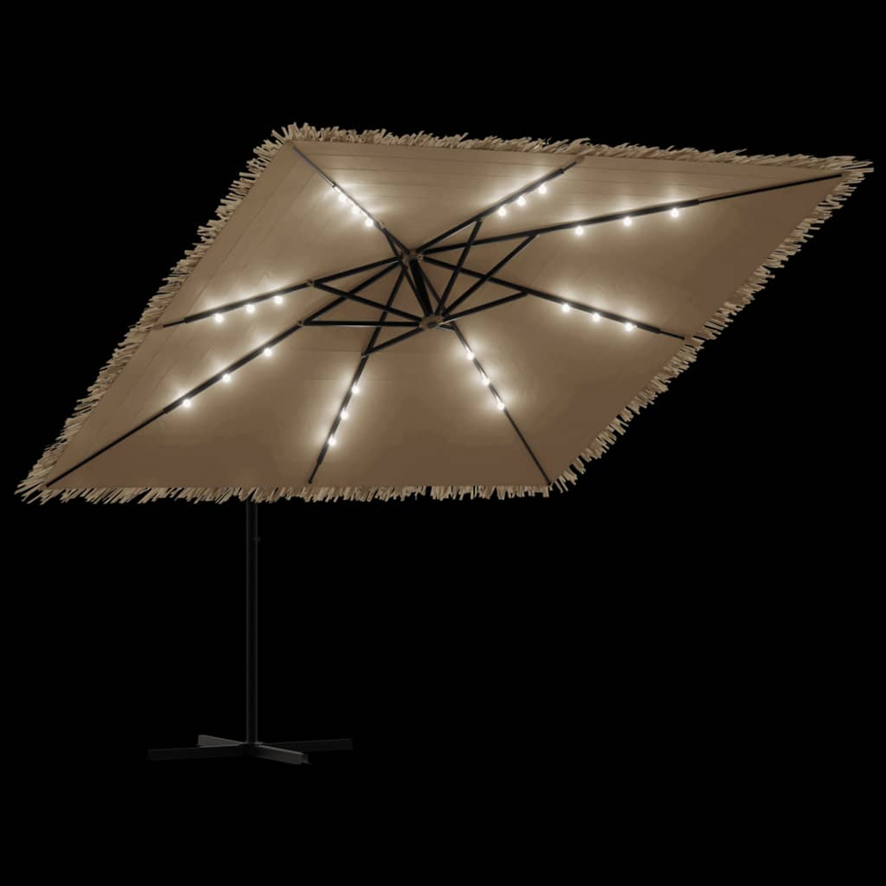 vidaXL Brown LED Light Straw Top Cantilever Parasol with Steel Pole 2.9m Image 8