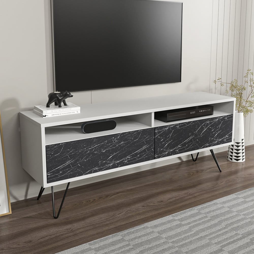 Decorotika Flay 2 Door 2 Shelf Black Marble Effect and White TV Unit Image 1
