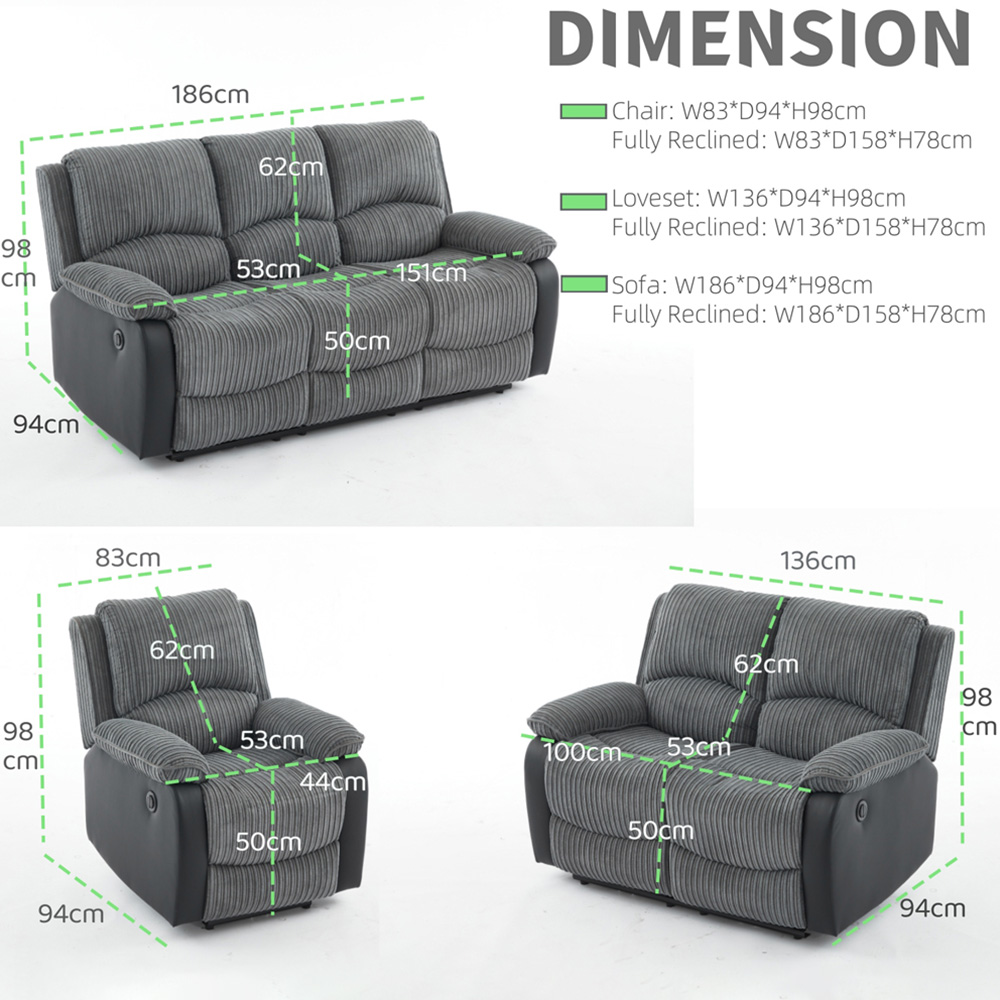 Furniture One 2 Seater Grey Sectional Corduroy Electric Recliner Sofa Image 9