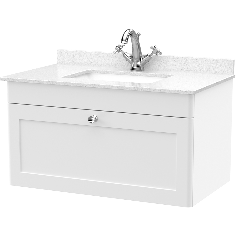 nuie Classique Single Drawer Satin White Wall Hung Unit and 1 Tap Hole Marble Top Square Basin 800mm Image 1