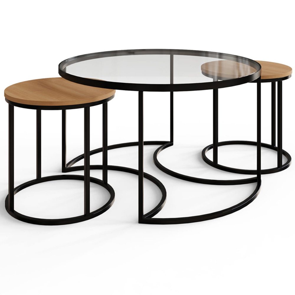 GFW Femi Oak Glass Top Nest of Tables Set of 3 Image 3