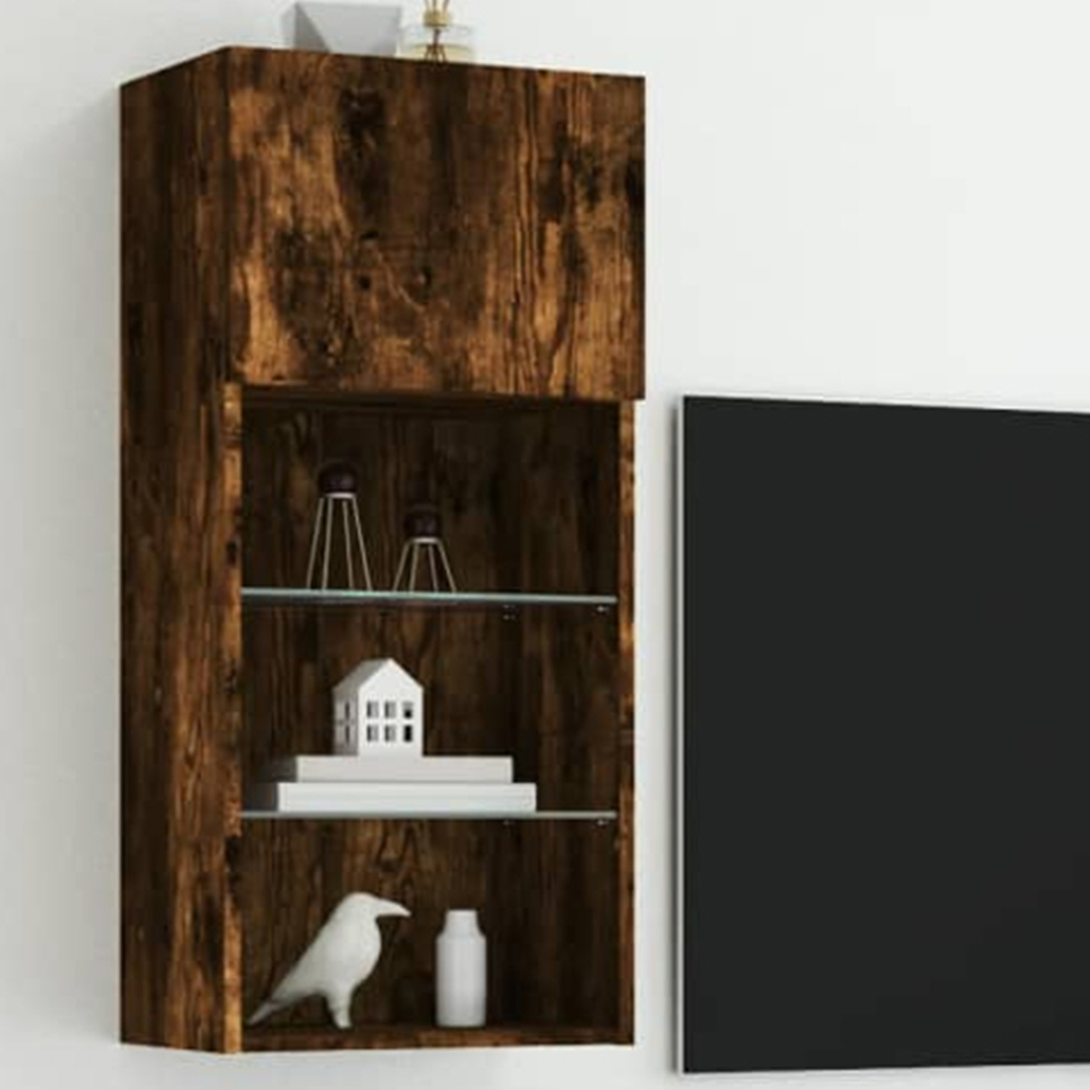 vidaXL Single Door 3 Open Shelf Smoked Oak TV Cabinet with LED Light Set of 2 Image 1