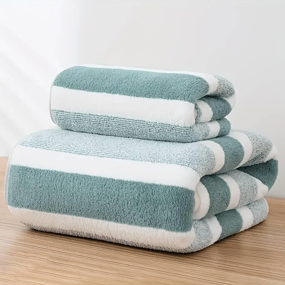 Dyzi Green Striped Ultra Absorbent Quick Dry Hand and Bath Towel Set Image 2