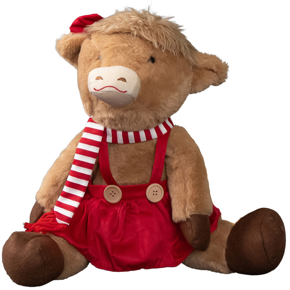 Samuel Alexander Plush Sitting Highland Girl Cow in Red Dress Christmas Decoration 36cm Image 1