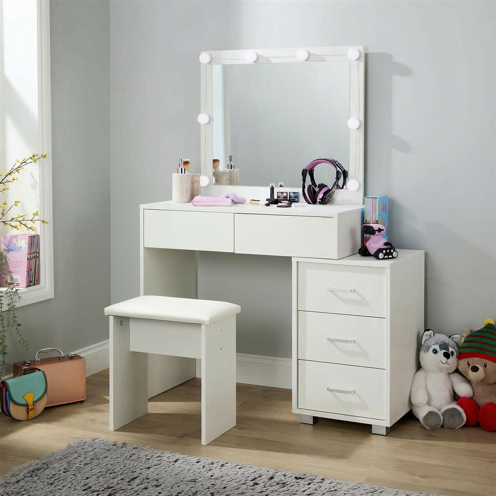 Home Source Vero 5 Drawer White Vanity Table and Cushioned Stool Set with LED Mirror Image 7