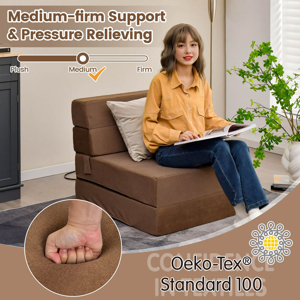 Costway Single Seater Brown Tri Folding Convertible Sofa Bed Image 5