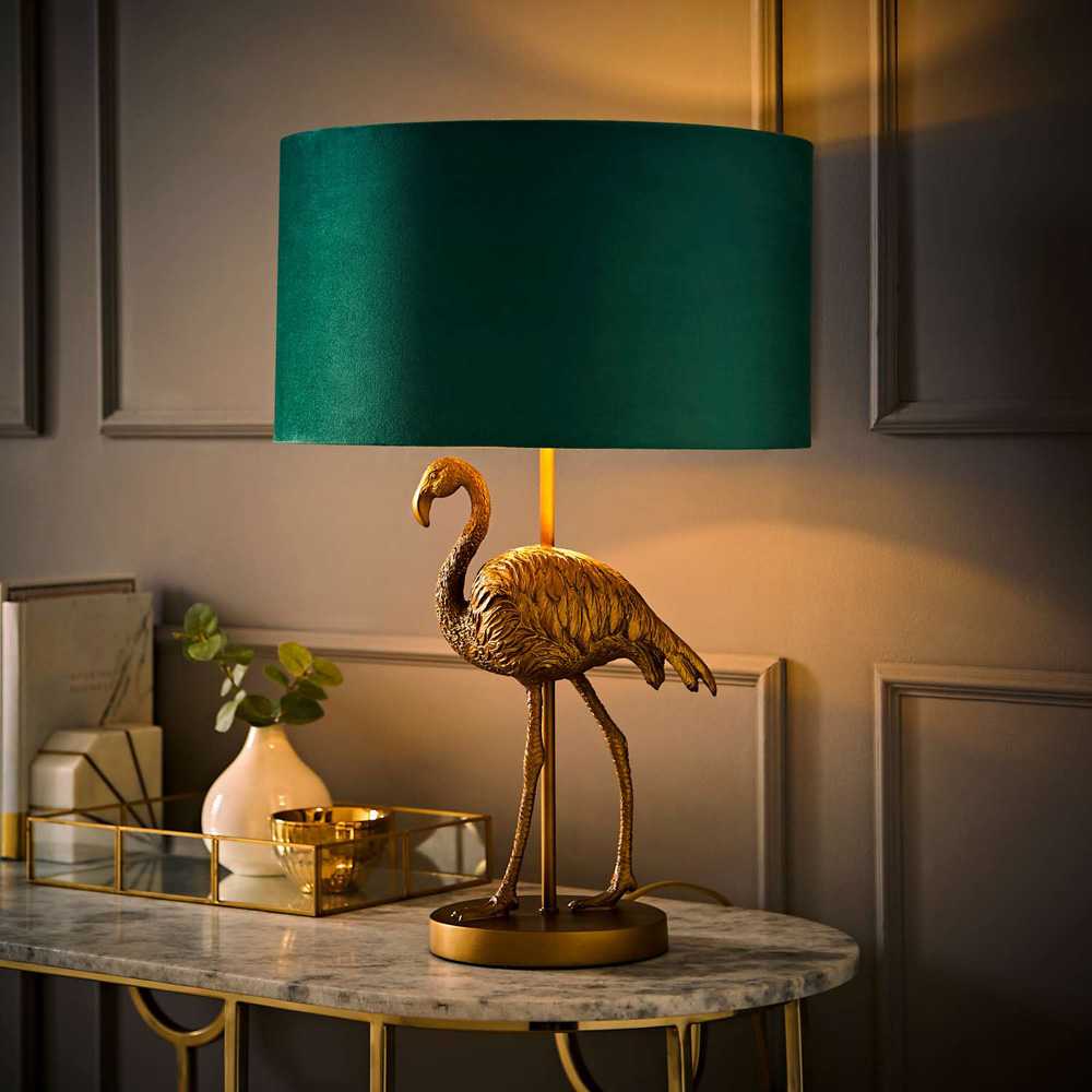 ValueLights Flo Flamingo Green Velvet and Gold Shade Bronze Table Lamp with Bulb Image 2