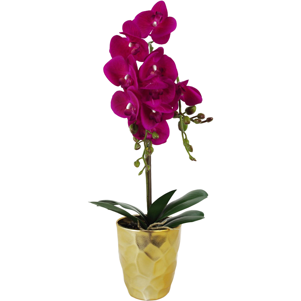 Leaf Dark Pink Orchid Artificial Plant with Gold Pot 54cm Image 1