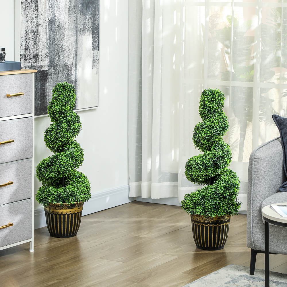 HOMCOM Set of 2 Potted Artificial Plants, Topiary Spiral Boxwood Trees, 90cm Image 2
